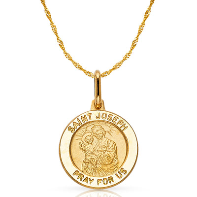 14K Gold St. Joseph Pray For Us Pendant with 0.9mm Singapore Chain