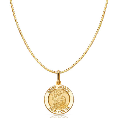 14K Gold St. Joseph Pray For Us Religious Charm Pendant with 0.8mm Box Chain Necklace