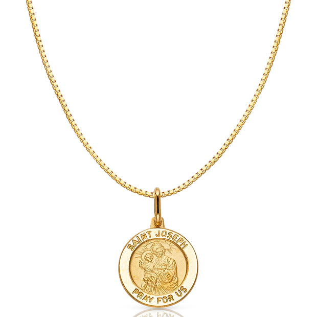 14K Gold St. Joseph Pray For Us Religious Charm Pendant with 0.8mm Box Chain Necklace