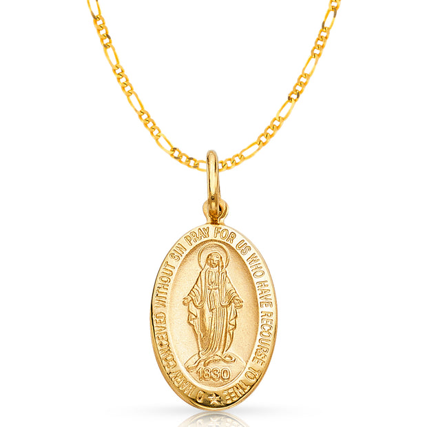 14K Gold 1830 Guadalupe Pendant with 2mm Figaro 3+1 Chain