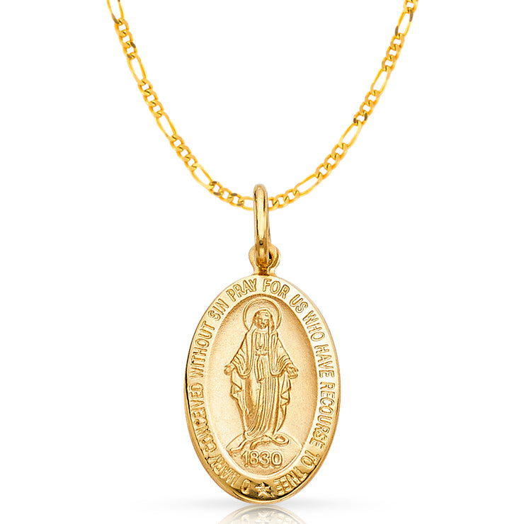 14K Gold 1830 Guadalupe Pendant with 2mm Figaro 3+1 Chain