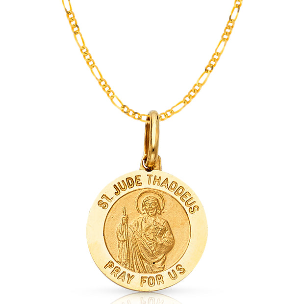 14K Gold St. Jude Thaddeus Pray For Us Pendant with 2mm Figaro 3+1 Chain