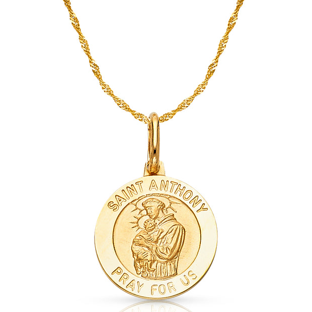 14K Gold St. Anthony Pray For Us Pendant with 0.9mm Singapore Chain