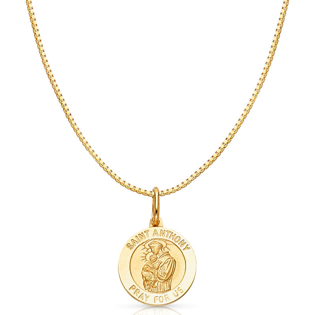 14K Gold St. Anthony Pray For Us Religious Charm Pendant with 0.8mm Box Chain Necklace