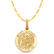 14K Gold St. Michael Pray For Us Pendant with 2mm Figaro 3+1 Chain