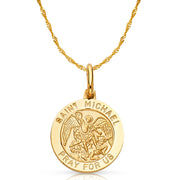 14K Gold St. Michael Pray For Us Pendant with 0.9mm Singapore Chain