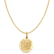 14K Gold St. Michael Pray For Us Religious Charm Pendant with 0.8mm Box Chain Necklace