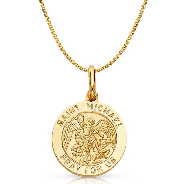 14K Gold St. Michael Pray For Us Pendant with 1.2mm Flat Open Wheat Chain