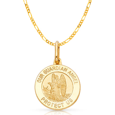 14K Gold Our Guardian Angel Protect Us Pendant with 2mm Figaro 3+1 Chain