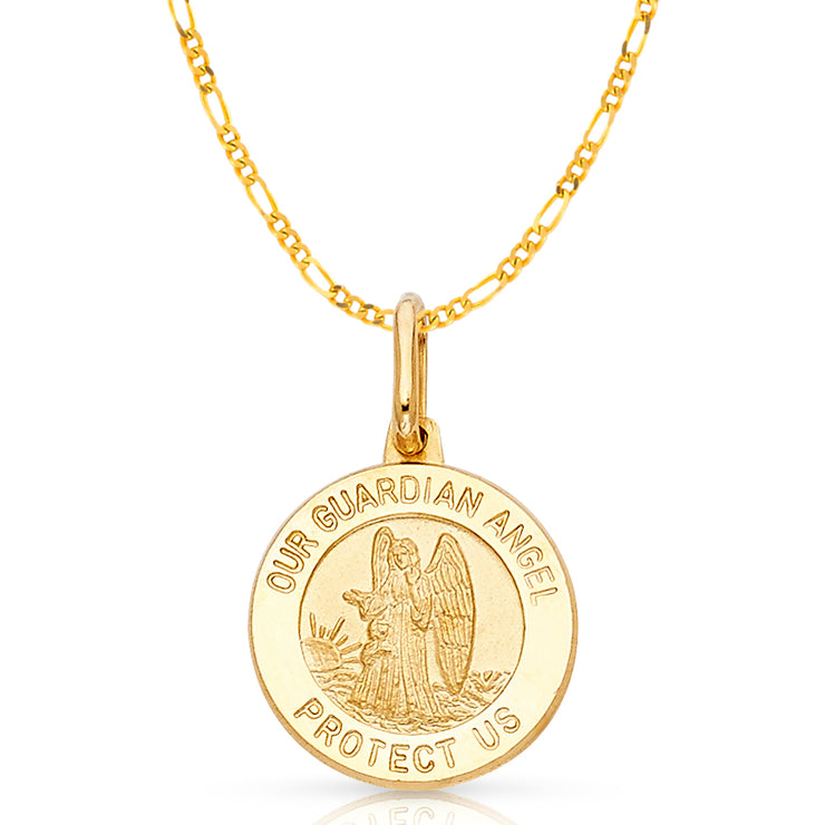 14K Gold Our Guardian Angel Protect Us Pendant with 2mm Figaro 3+1 Chain