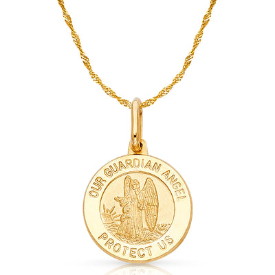 14K Gold Our Guardian Angel Protect Us Pendant with 0.9mm Singapore Chain