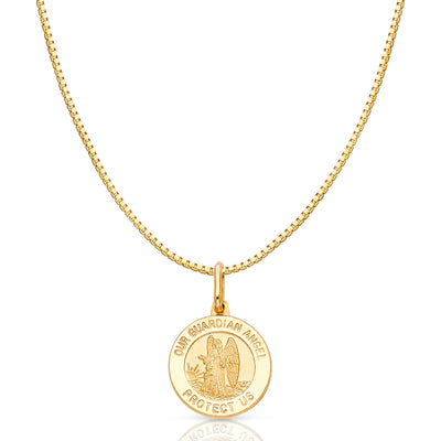 14K Gold Our Guardian Angel Protect Us Religious Charm Pendant with 0.8mm Box Chain Necklace