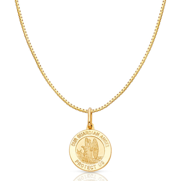 14K Gold Our Guardian Angel Protect Us Religious Charm Pendant with 0.8mm Box Chain Necklace