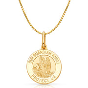 14K Gold Our Guardian Angel Protect Us Pendant with 1.2mm Flat Open Wheat Chain