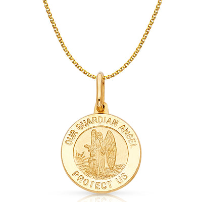 14K Gold Our Guardian Angel Protect Us Pendant with 1.2mm Flat Open Wheat Chain