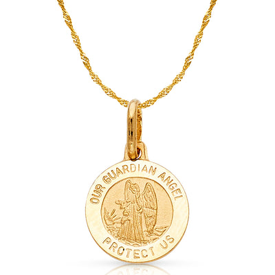 14K Gold Our Guardian Angel Protect Us Pendant with 0.9mm Singapore Chain