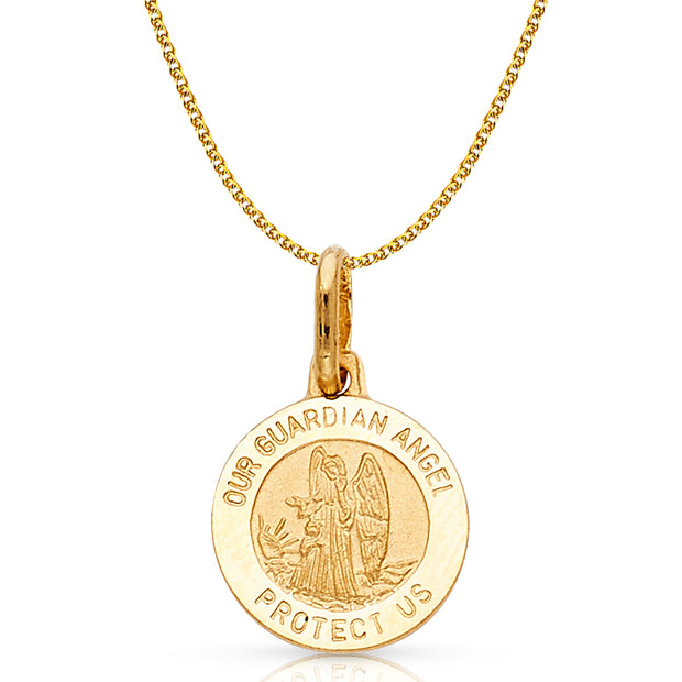 14K Gold Our Guardian Angel Protect Us Pendant with 1.2mm Flat Open Wheat Chain