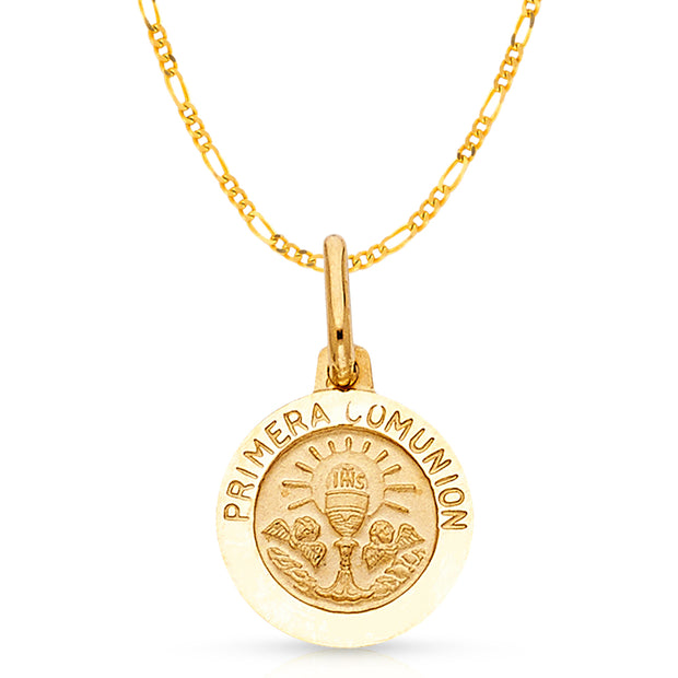 14K Gold Holy Primera Communion Pendant with 2mm Figaro 3+1 Chain