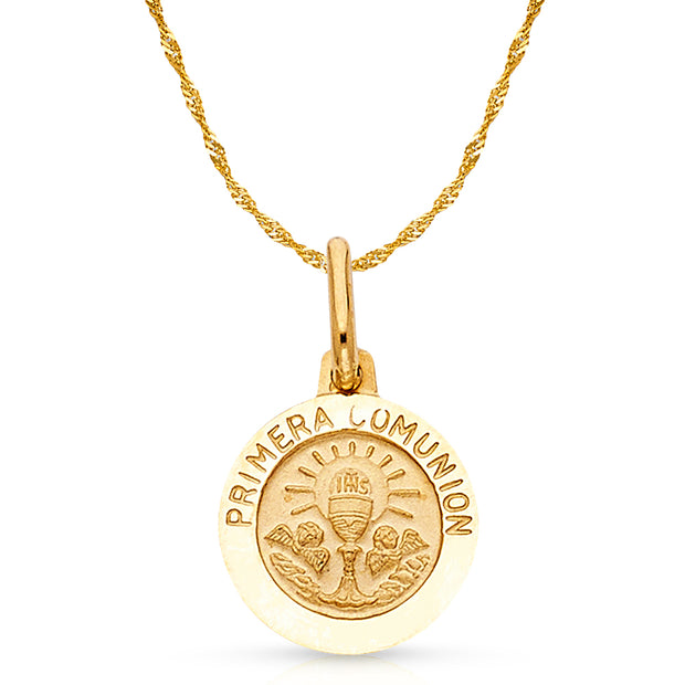 14K Gold Holy Primera Communion Pendant with 0.9mm Singapore Chain