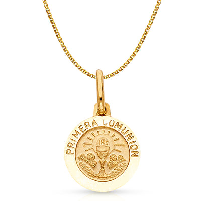 14K Gold Holy Primera Communion Pendant with 1.2mm Flat Open Wheat Chain