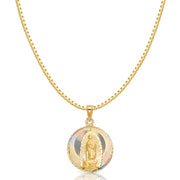 14K Gold Diamond Cut Guadalupe Stamp Religious Charm Pendant with 1.2mm Box Chain Necklace