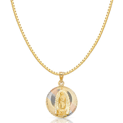 14K Gold Diamond Cut Guadalupe Stamp Religious Charm Pendant with 1.2mm Box Chain Necklace