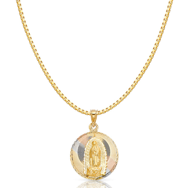 14K Gold Diamond Cut Guadalupe Stamp Religious Charm Pendant with 1.2mm Box Chain Necklace