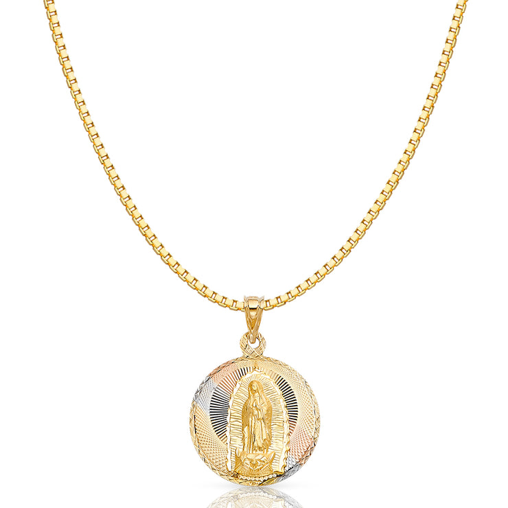 14K Gold Diamond Cut Guadalupe Stamp Religious Charm Pendant with 1.2mm Box Chain Necklace