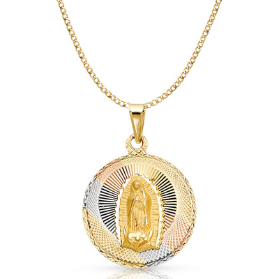 14K Gold Guadalupe Stamp Pendant with 3.4mm Hollow Cuban Chain