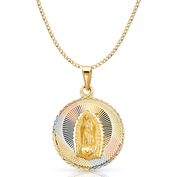 14K Gold Guadalupe Stamp Pendant with 3.4mm Hollow Cuban Chain