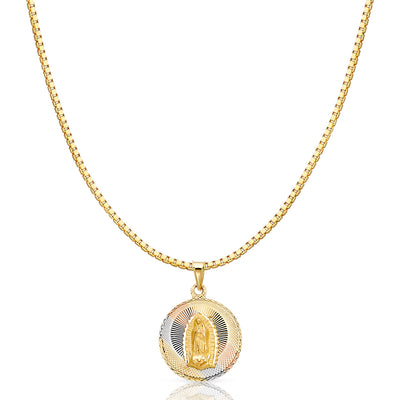 14K Gold Diamond Cut Guadalupe Stamp Religious Charm Pendant with 1.2mm Box Chain Necklace