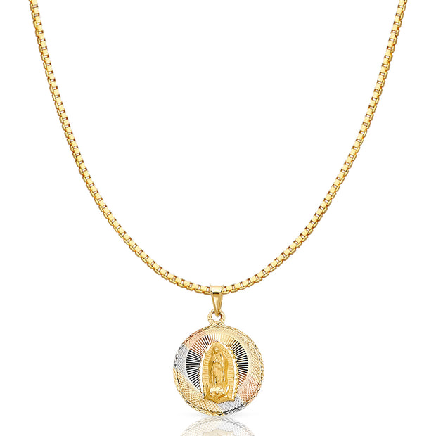 14K Gold Diamond Cut Guadalupe Stamp Religious Charm Pendant with 1.2mm Box Chain Necklace