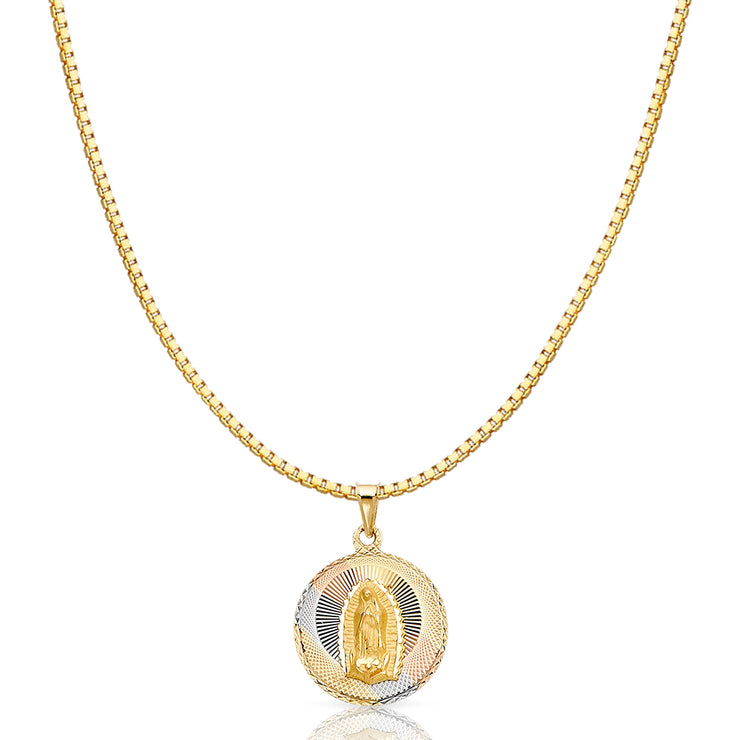 14K Gold Diamond Cut Guadalupe Stamp Religious Charm Pendant with 1.2mm Box Chain Necklace