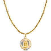 14K Gold Diamond Cut Guadalupe Stamp Charm Pendant with 1.4mm Round Wheat Chain Necklace