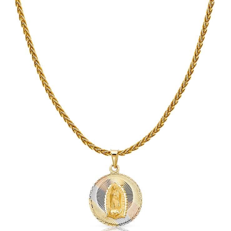 14K Gold Diamond Cut Guadalupe Stamp Charm Pendant with 1.4mm Round Wheat Chain Necklace