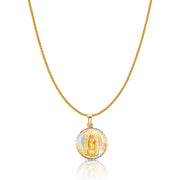 14K Gold Diamond Cut Guadalupe Stamp Charm Pendant with 1.1mm Wheat Chain Necklace