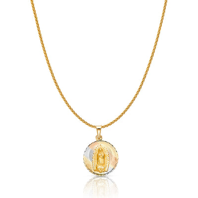 14K Gold Diamond Cut Guadalupe Stamp Charm Pendant with 1.1mm Wheat Chain Necklace