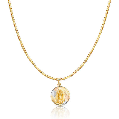 14K Gold Diamond Cut Guadalupe Stamp Religious Charm Pendant with 1.2mm Box Chain Necklace