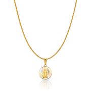 14K Gold Diamond Cut Guadalupe Stamp Charm Pendant with 1.1mm Wheat Chain Necklace