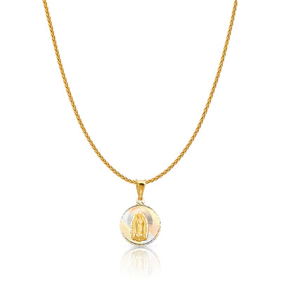 14K Gold Diamond Cut Guadalupe Stamp Charm Pendant with 1.1mm Wheat Chain Necklace