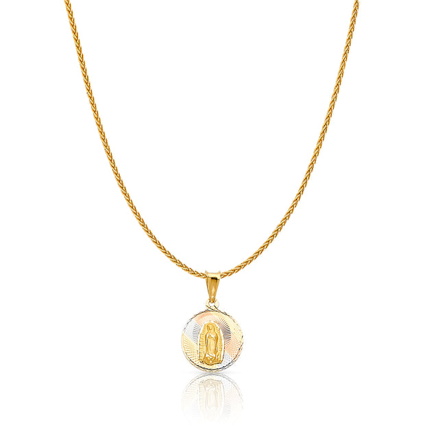 14K Gold Diamond Cut Guadalupe Stamp Charm Pendant with 1.1mm Wheat Chain Necklace