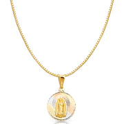 14K Gold Diamond Cut Guadalupe Stamp Religious Charm Pendant with 0.8mm Box Chain Necklace