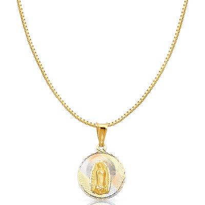 14K Gold Diamond Cut Guadalupe Stamp Religious Charm Pendant with 0.8mm Box Chain Necklace