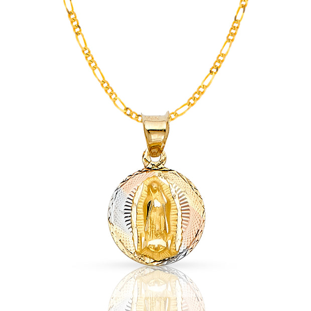 14K Gold Guadalupe Stamp Pendant with 1.6mm Figaro 3+1 Chain