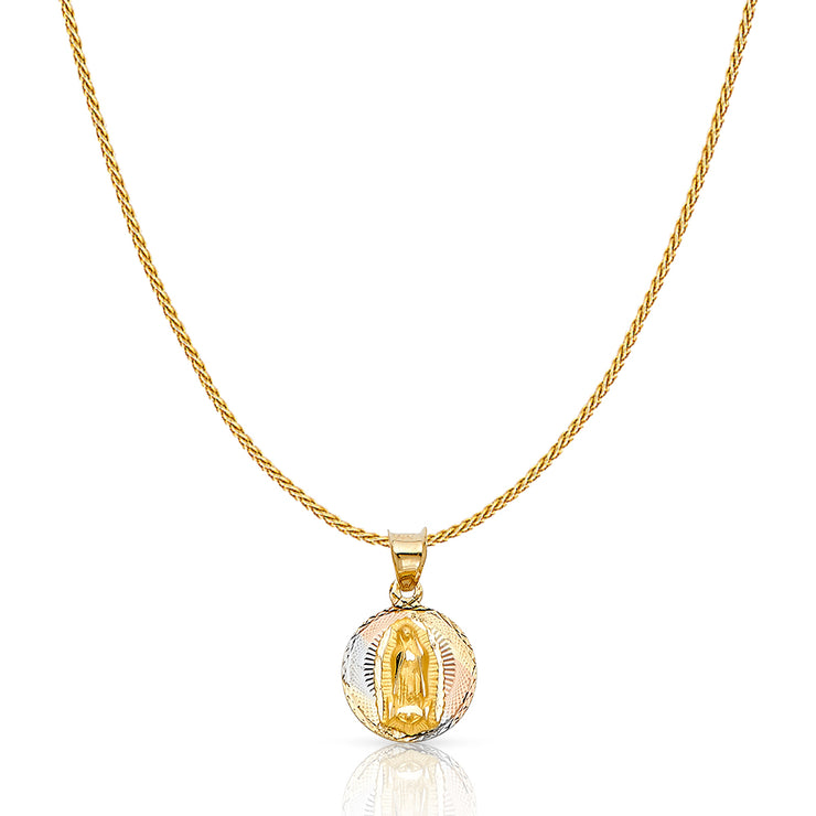 14K Gold Diamond Cut Guadalupe Stamp Charm Pendant with 0.9mm Wheat Chain Necklace