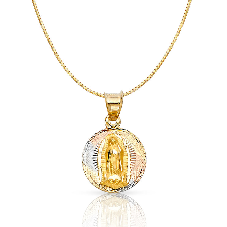 14K Gold Diamond Cut Guadalupe Stamp Religious Charm Pendant with 0.8mm Box Chain Necklace