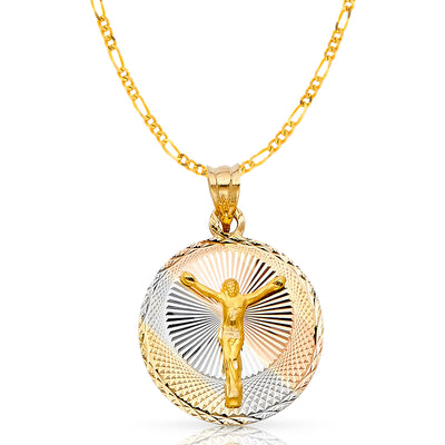 14K Gold Jesus Stamp Pendant with 3.1mm Figaro 3+1 Chain