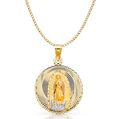 14K Gold Guadalupe Stamp Pendant with 3.4mm Hollow Cuban Chain