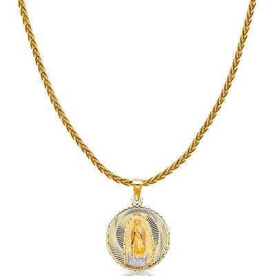 14K Gold Diamond Cut Guadalupe Stamp Charm Pendant with 1.4mm Round Wheat Chain Necklace