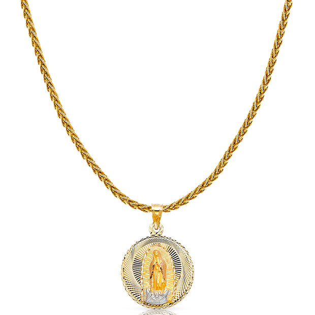 14K Gold Diamond Cut Guadalupe Stamp Charm Pendant with 1.4mm Round Wheat Chain Necklace